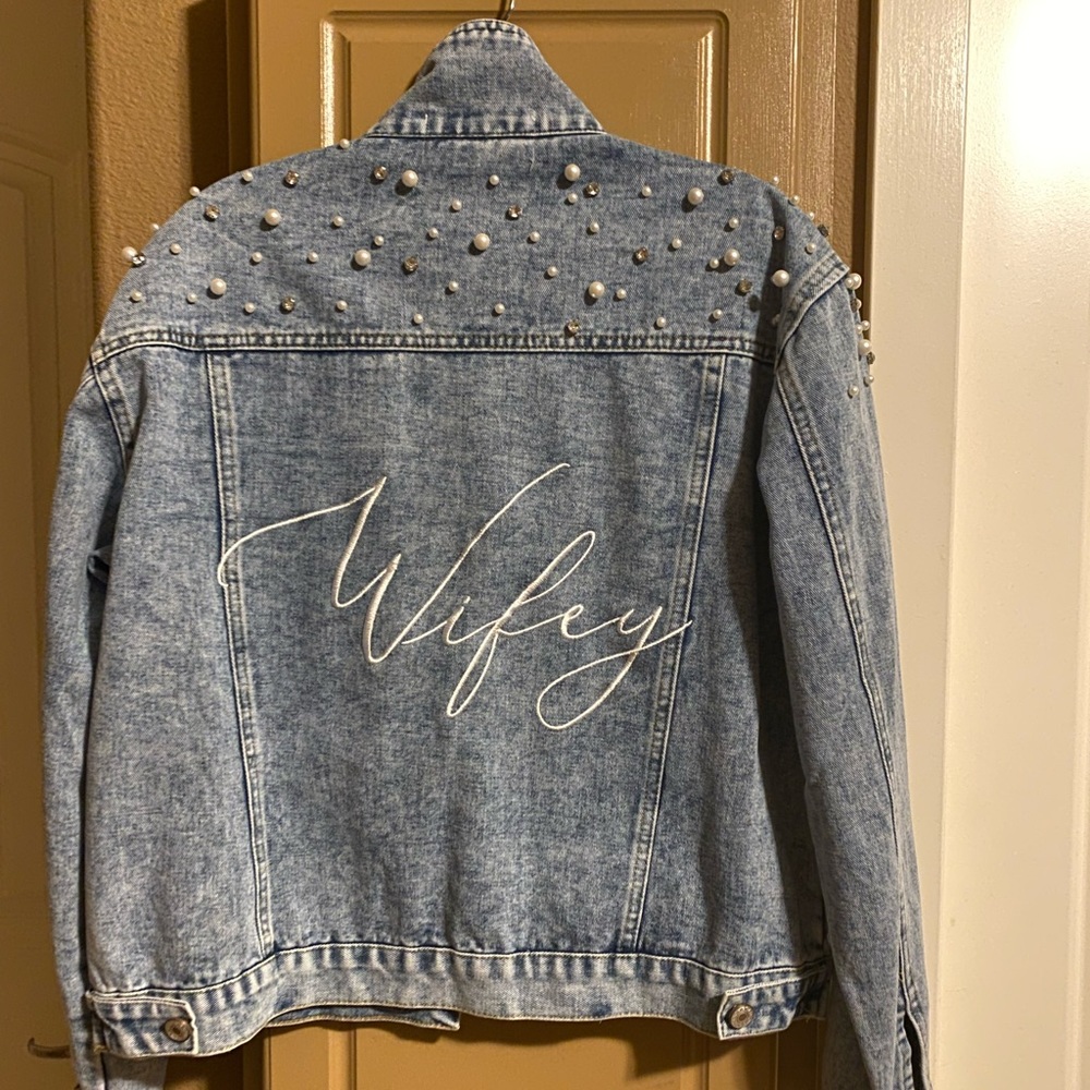 Womens Jean jacket with rhinestones and pearls